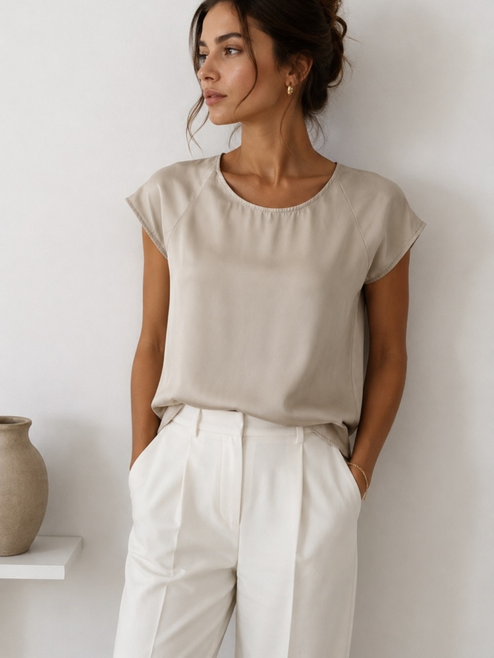 Express Taupe Satin Cap-Sleeve Blouse